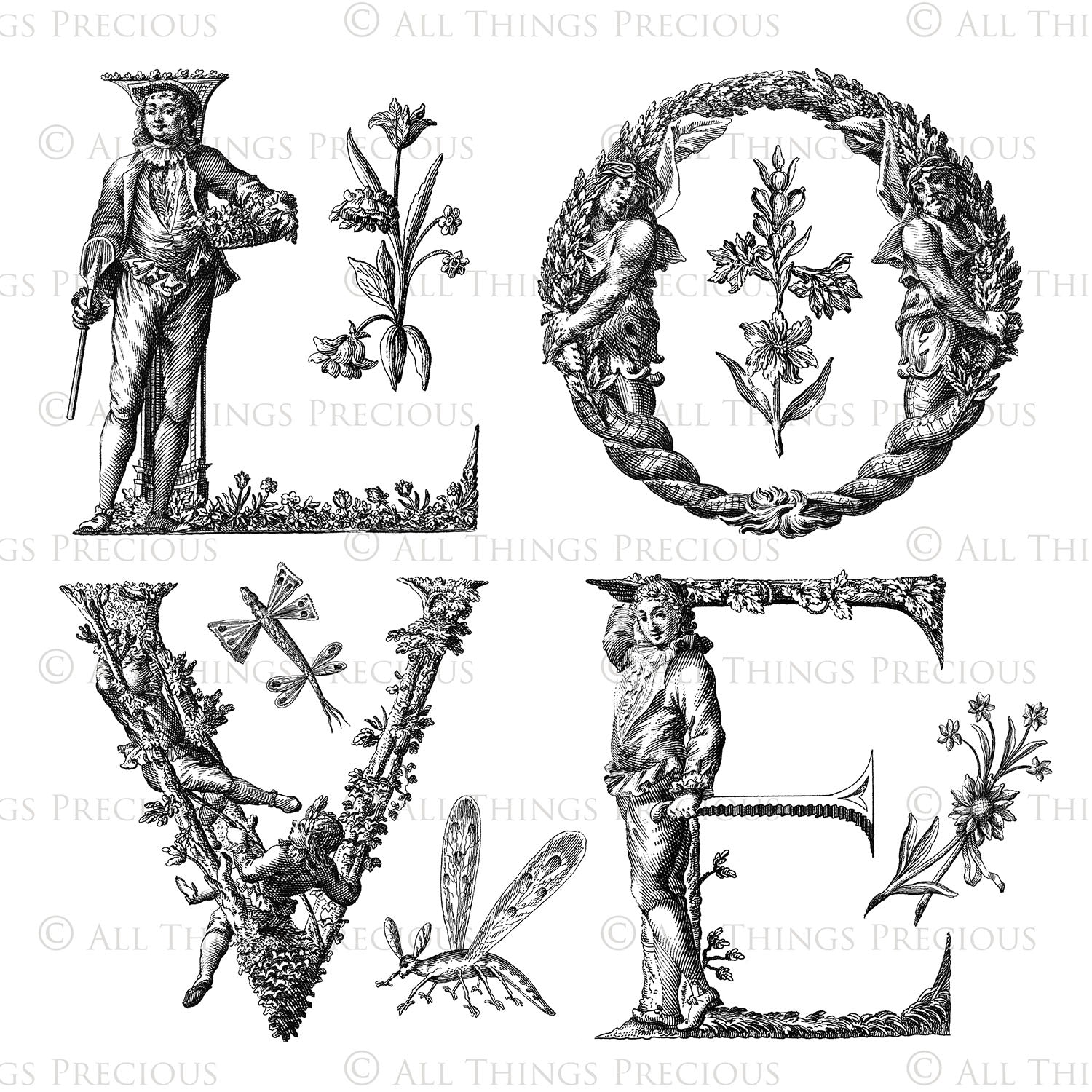 Photoshop brushes for photography and digital design.  Alphabet letters from medieval images. Flowers and bugs. High resolution digital files.  ATP Textures